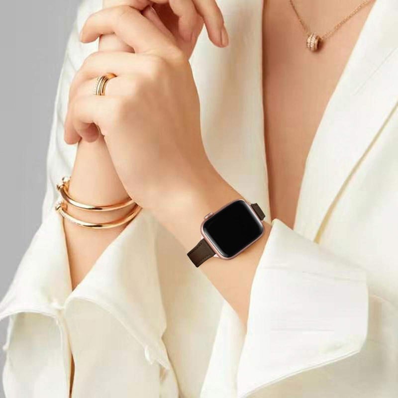 STIROLL Slim Leather Bands Compatible with Apple Watch Band 38mm 40mm 41mm 42mm 44mm 45mm 49mm,Top Grain Leather Watch Thin Wristband for iWatch Ultra SE Series 8/7/6/5/4/3/2/1(Coffee with Rose Gold) - Image 5